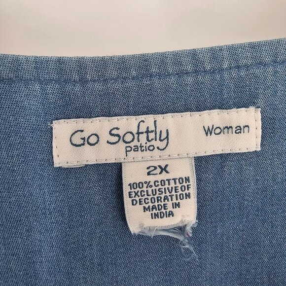 Go Softly Chambray Ladybug Embroidered Patio Dress 2X Snap Front Boho Relaxed - Picture 4 of 11